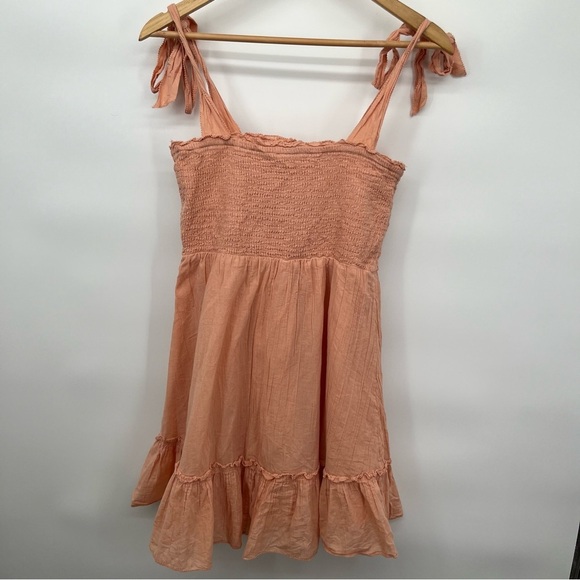 Aerie Size M Peach Mini Sundress Smocked Tie Shoulders Ruffle Western Prairie - Picture 3 of 12